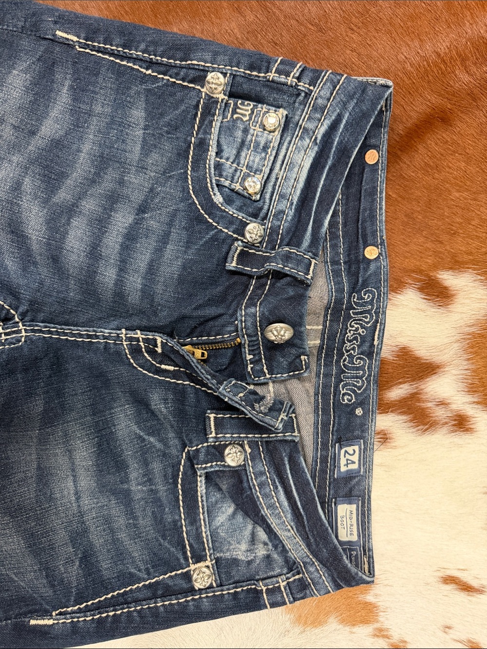 Miss Me Dark Blue Bootcut Jeans with Embellished Fleur-de-Lis Pocket - Picture 3 of 5